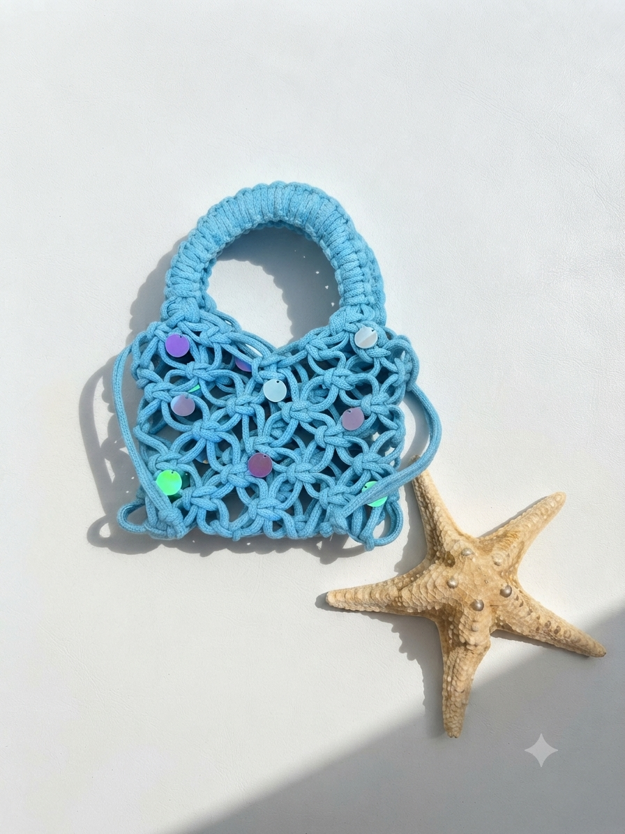 Hand-Knotted Sky Blue Macrame Sequin Mini Tote Bag